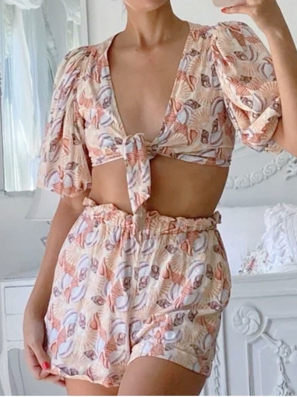 Urban Outfitters Peach & Blush Shell-Print Crop Top Set- top only